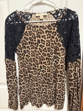 Michael Kors Brown Leopard Print Top with Black Lace
